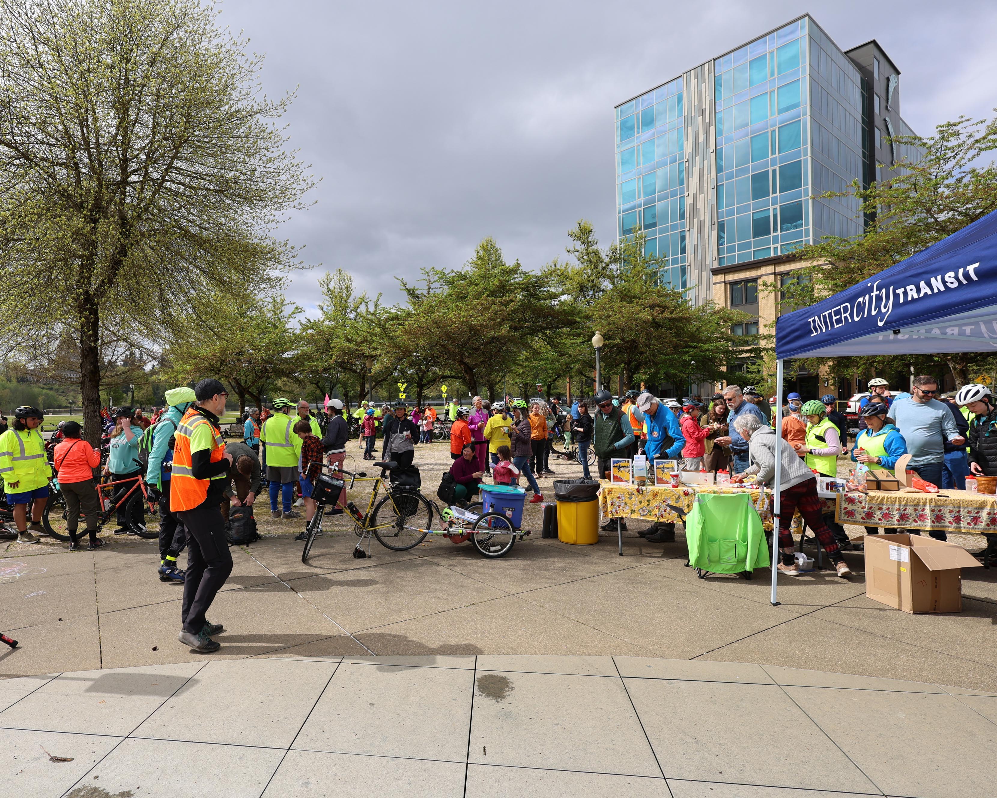 Participants gather near Heritage Park Fountain